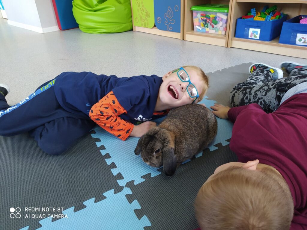 Chłopiec bawi sie na dywanie z królikiem